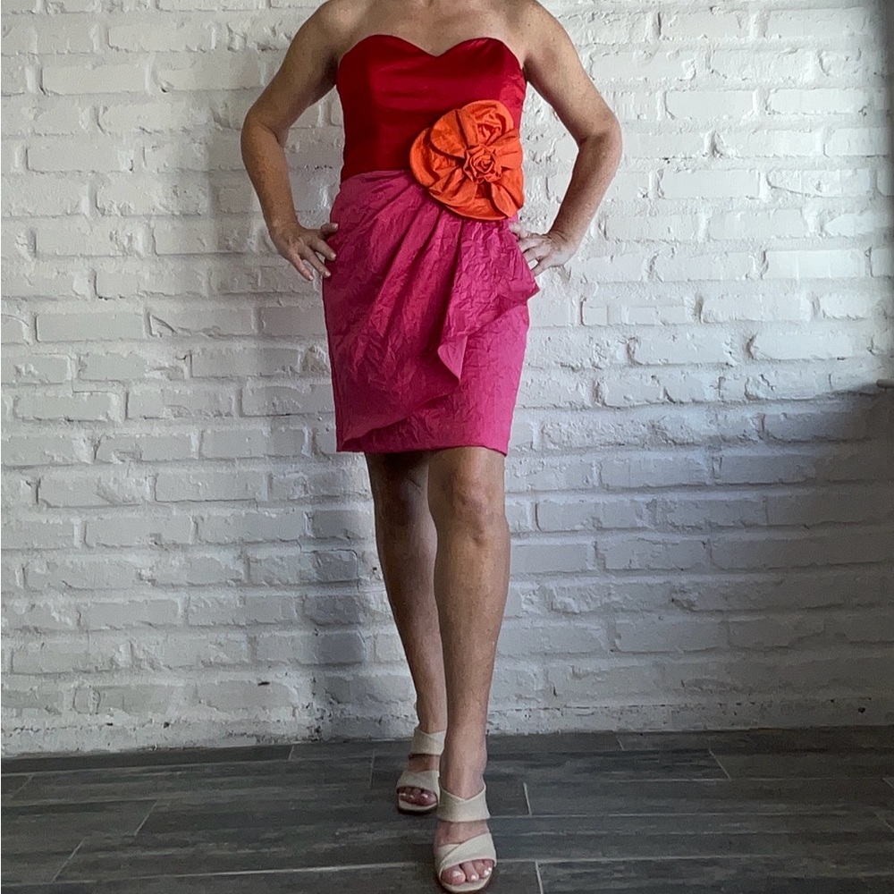 Red and Pink Strapless Dress with Orange Flower Accent